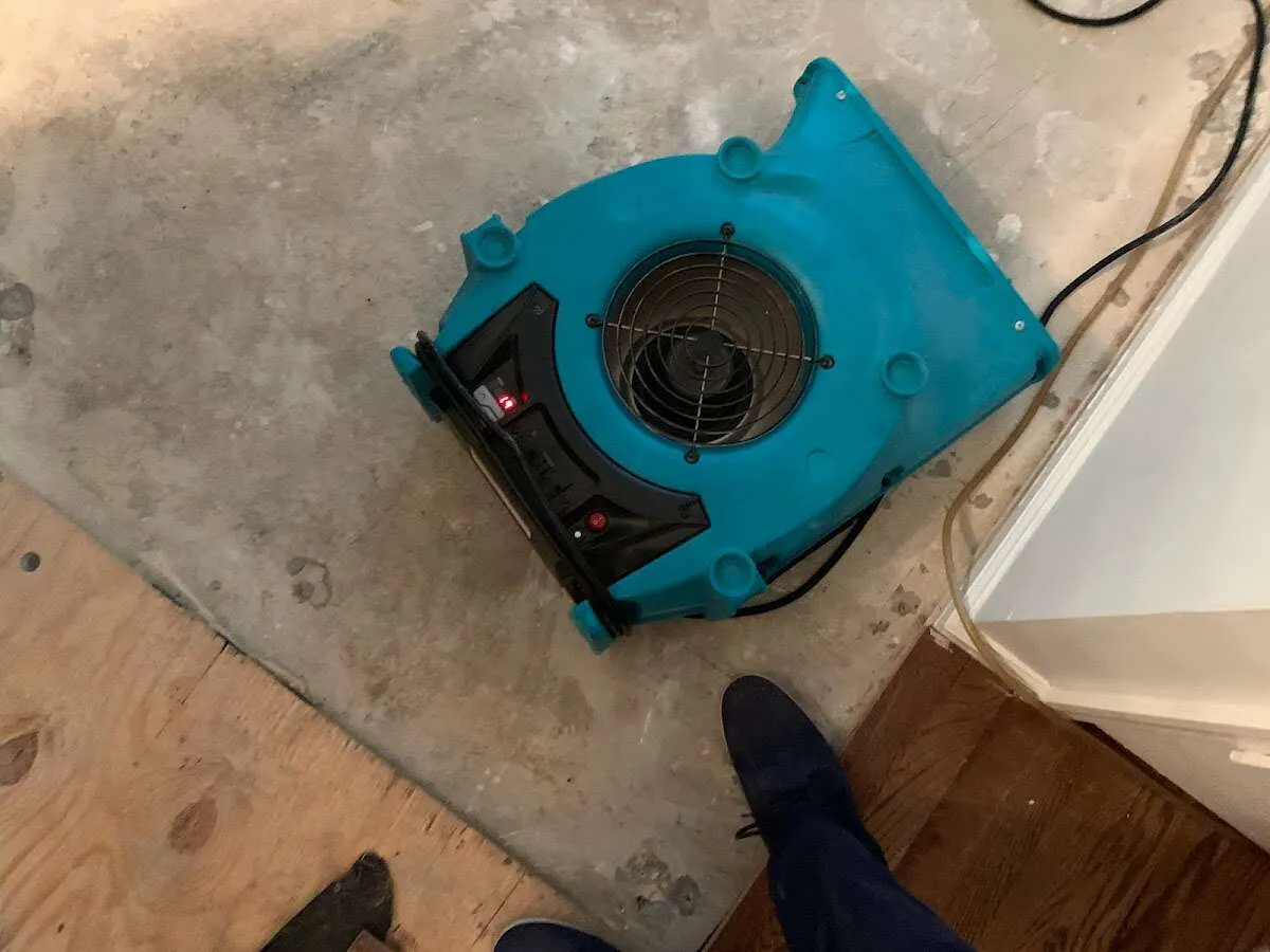 Air mover drying subfloor during Commercial Water Damage Restoration in Orangevale
